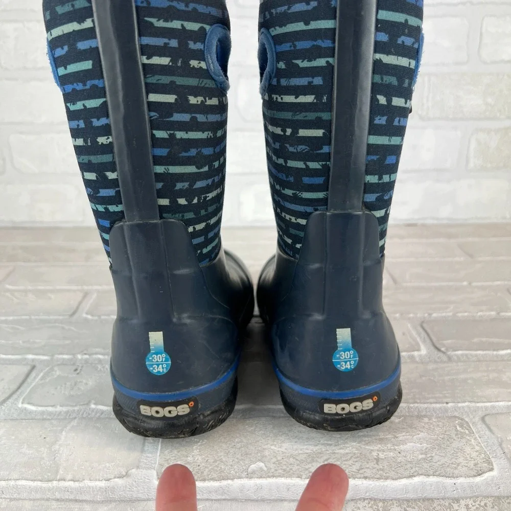 Bogs Rain Boots Youth 2 Blue Classic Stripe Waterproof Insulated Mid Calf Winter